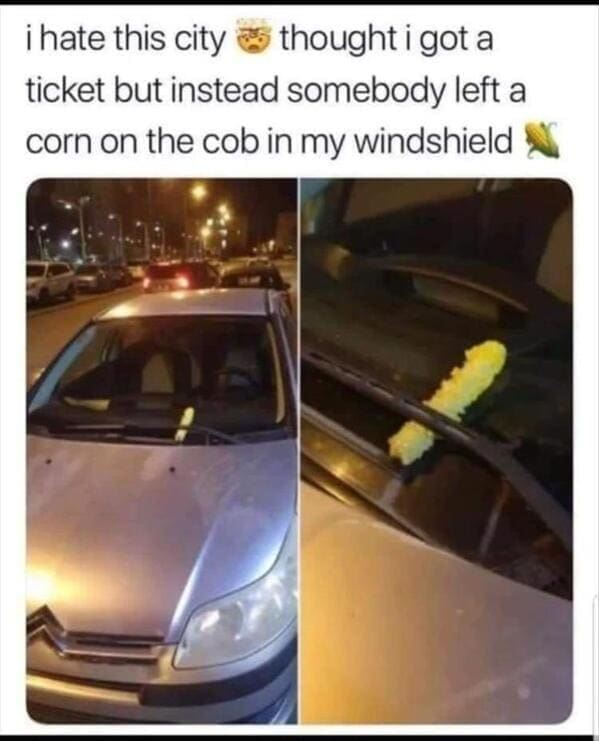 funny pics i hate this city thought i got a ticket but instead somebody left a corn on the cob in my windshield