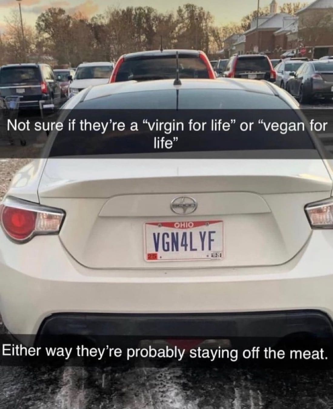 funny pics Not sure if they're a "virgin for life" or "vegan for life" OHIO VGN4LYF • 121 Either way they're probably staying off the meat.