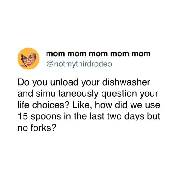 funny pics @notmythirdrodeo Do you unload your dishwasher and simultaneously question your life choices? Like, how did we use 15 spoons in the last two days but no forks?