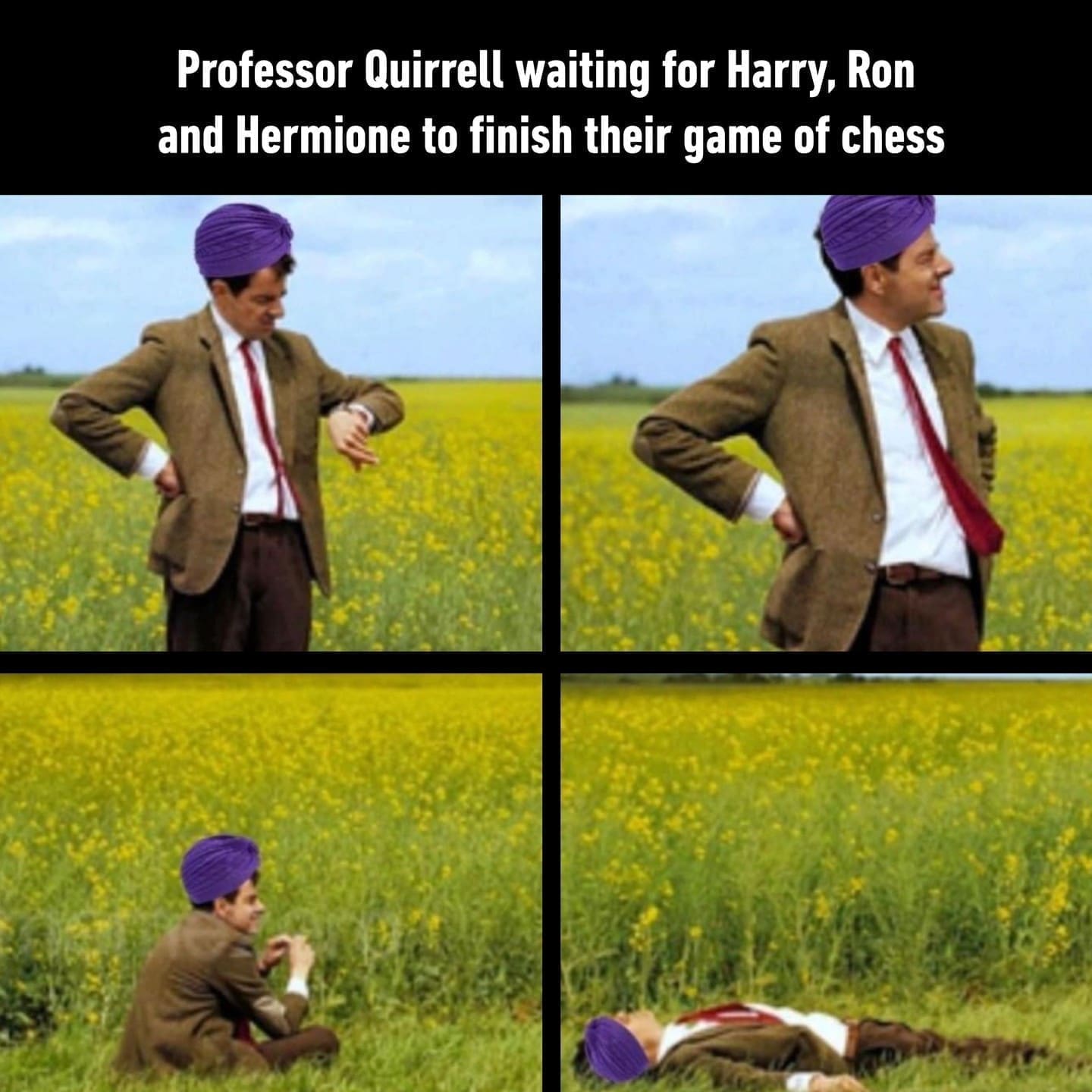 funny pics Professor Quirrell waiting for Harry, Ron and Hermione to finish their game of chess