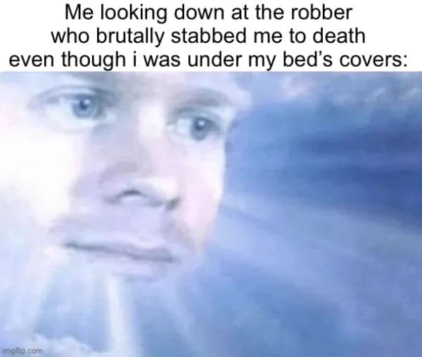 funny pics Me looking down at the robber who brutally stabbed me to death even though i was under my bed's covers: