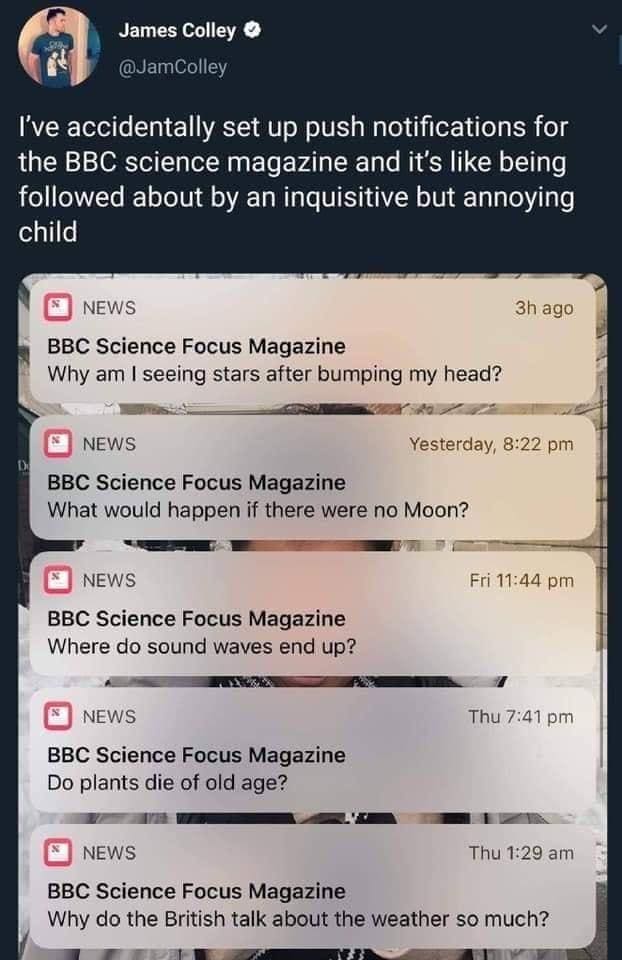 funny pics I've accidentally set up push notifications for the BBC science magazine and it's like being followed about by an inquisitive but annoying child