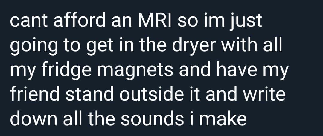 funny pics cant afford an MRI so im just going to get in the dryer with all my fridge magnets and have my friend stand outside it and write down all the sounds i make