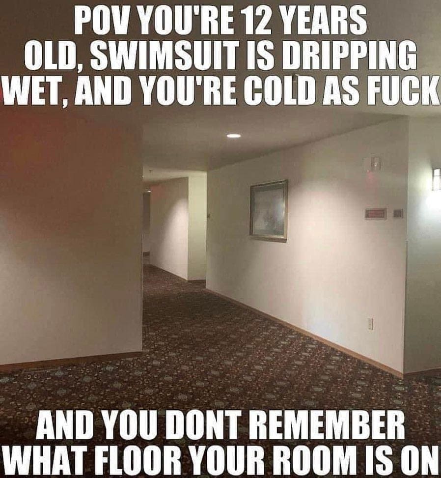 funny pics POV YOU'RE 12 YEARS OLD, SWIMSUIT IS DRIPPING WET, AND YOU'RE COLD AND YOU DONT REMEMBER WHAT FLOOR YOUR ROOM IS ON