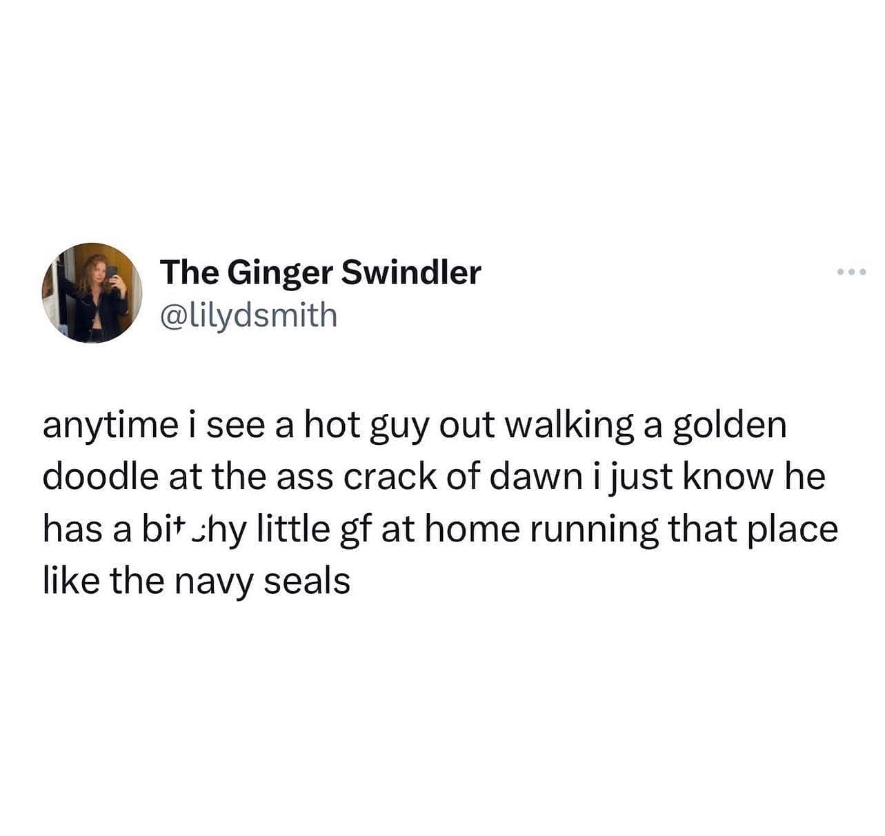 funny pics anytime i see a hot guy out walking a golden doodle at the ass crack of dawn i just know he has a bit shy little gf at home running that place like the navy seals