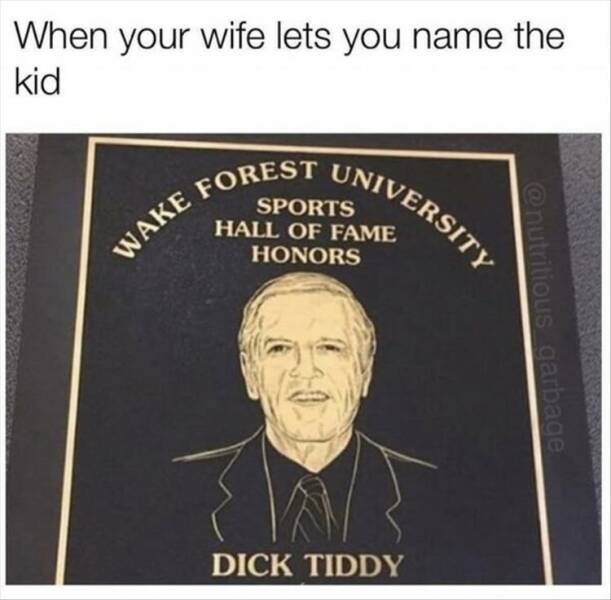 funny pics When your wife lets you name the kid SPORTS HALL OF FAME HONORS nUE OUS garbage DICK TIDDY