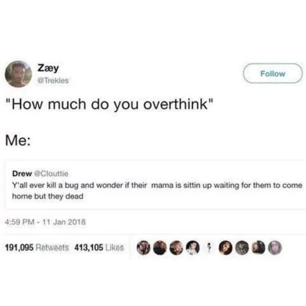funny pics "How much do you overthink" Follow Me: Y'all ever kill a bug and wonder if their mama is sittin up waiting for them to come home but they dead
