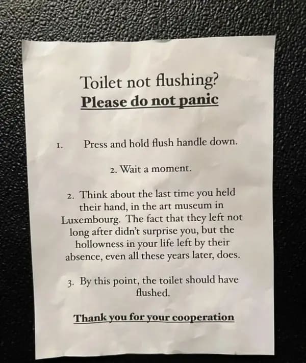 funny restaurant signs Toilet not flushing? Please do not panic I. Press and hold flush handle down. 2. Wait a moment. 2. Think about the last time you held their hand, in the art museum in Luxembourg. The fact that they left not long after didn't surprise you, but the hollowness in your life left by their absence, even all these years later, does. 3. By this point, the toilet should have flushed. Thank you for your cooperation