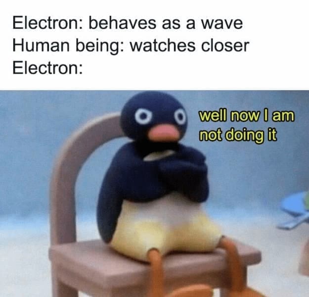 Science memes Electron: behaves as a wave Human being: watches closer Electron: well now I am not doing it