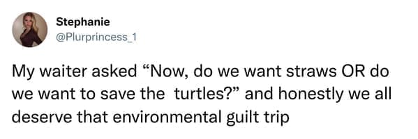 My waiter asked "Now, do we want straws OR do we want to save the turtles?" and honestly we all deserve that environmental guilt trip