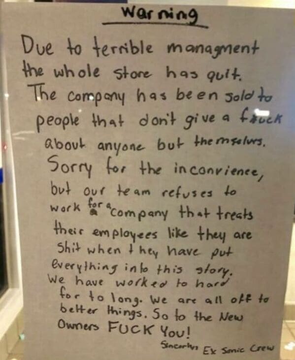 Due to terrible managment the whole store has quit. The company has been soldto people that don't give a fruck about anyone but themselws, Sorry for the in convience, but our team refuses to work for company that treats their employees like they are Shit when they have put everything into this story. We have worked to hard for to long. We are