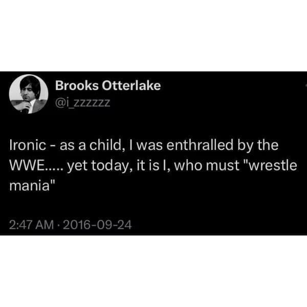 Funny tweets o Zzzzzz Ironic - as a child, I was enthralled by the WWE..... yet today, it is I, who must "wrestle mania"