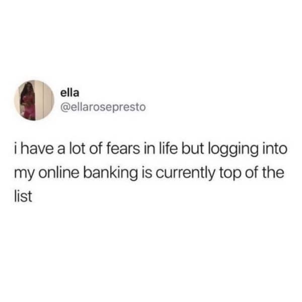 Funny tweets @ellarosepresto i have a lot of fears in life but logging into my online banking is currently top of the list