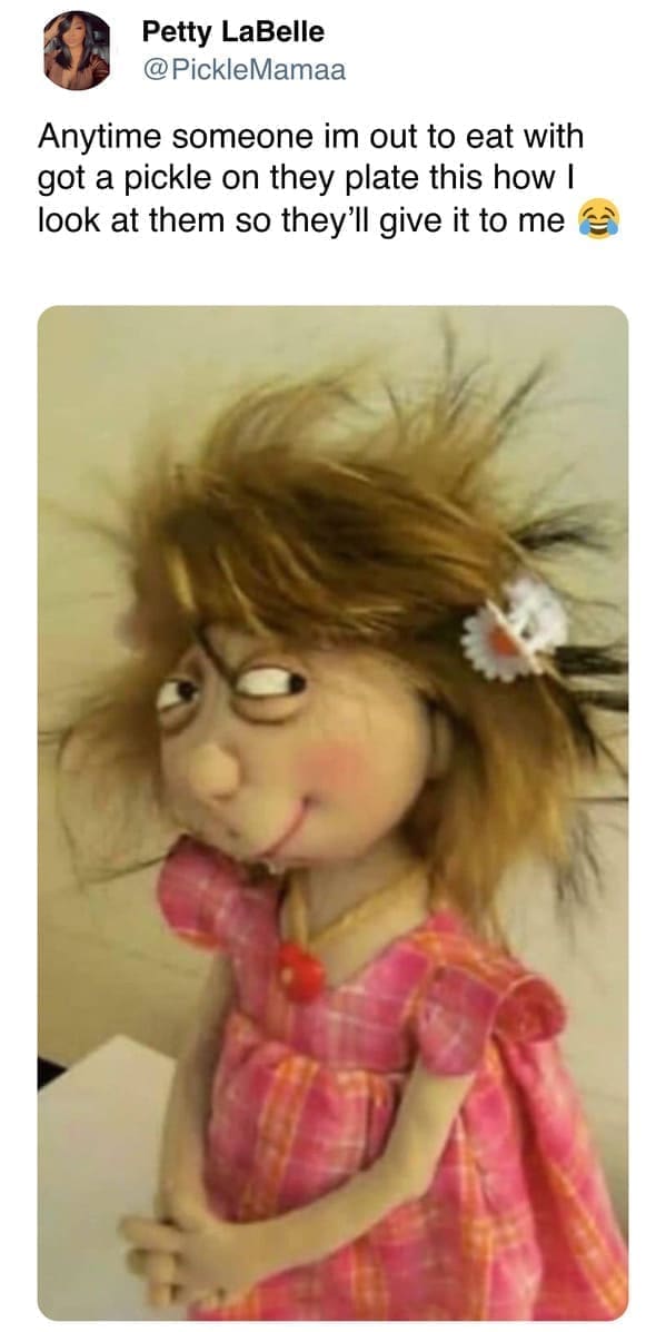 Funny women tweets @PickleMamaa Anytime someone im out to eat with got a pickle on they plate this how I look at them so they'll give it to me