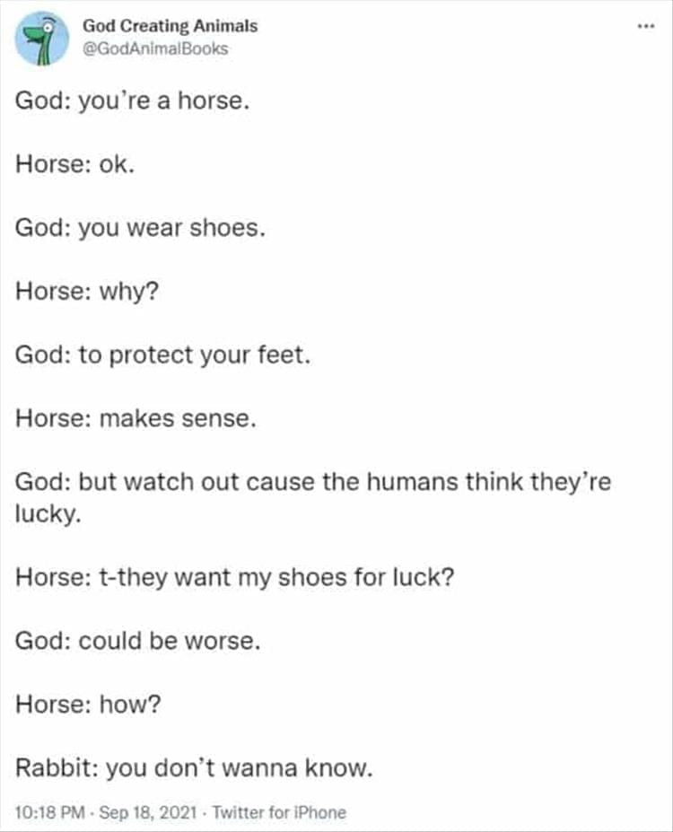 God Creating Animals God: you're a horse. Horse: ok. God: you wear shoes. Horse: why? God: to protect your feet. Horse: makes sense. God: but watch out cause the humans think they're lucky. Horse: t-they want my shoes for luck? God: could be worse. Horse: how? Rabbit: you don't wanna know.