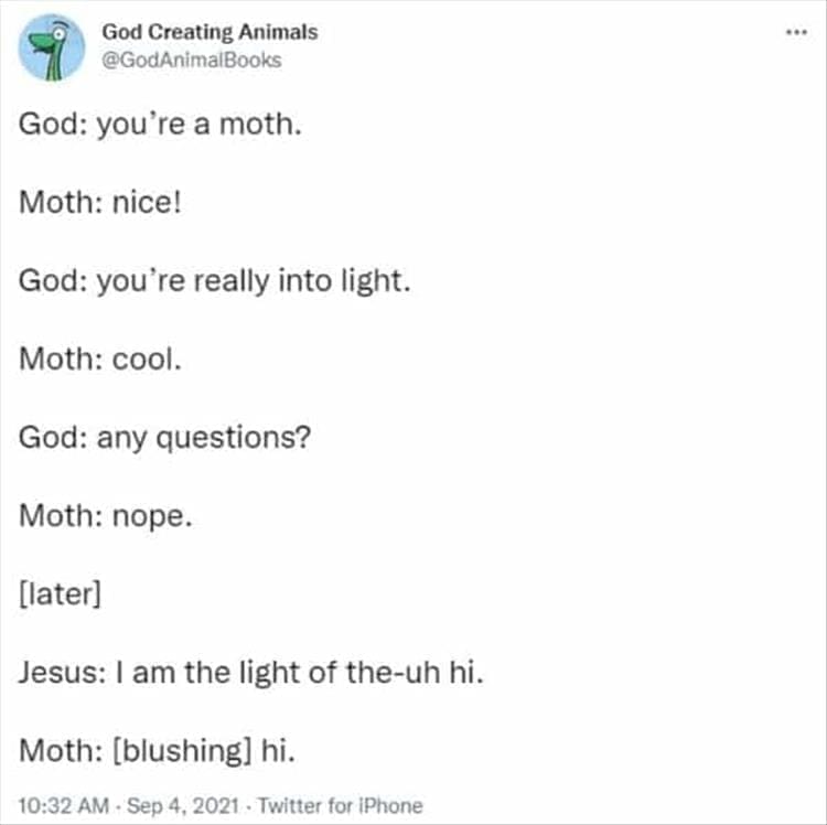 God Creating Animals God: you're a moth. Moth: nice! God: you're really into light. Moth: cool. God: any questions? Moth: nope. [later] Jesus: I am the light of the-uh hi. Moth: [blushing] hi.