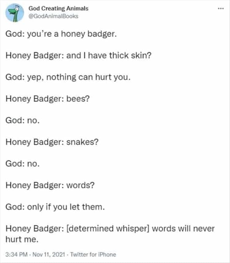 God Creating Animals God: you're a honey badger. Honey Badger: and I have thick skin? God: yep, nothing can hurt you. Honey Badger: bees? God: no. Honey Badger: snakes? God: no. Honey Badger: words? God: only if you let them. Honey Badger: [determined whisper] words will never hurt me.