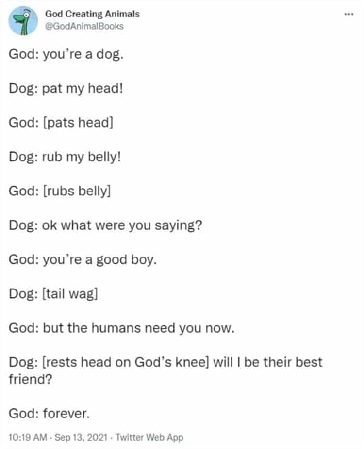 God Creating Animals God: you're a dog. Dog: pat my head! God: [pats head] Dog: rub my belly! God: [rubs belly] Dog: ok what were you saying? God: you're a good boy. Dog: [tail wag] God: but the humans need you now. Dog: [rests head on God's knee] will | be their best friend? God: forever.