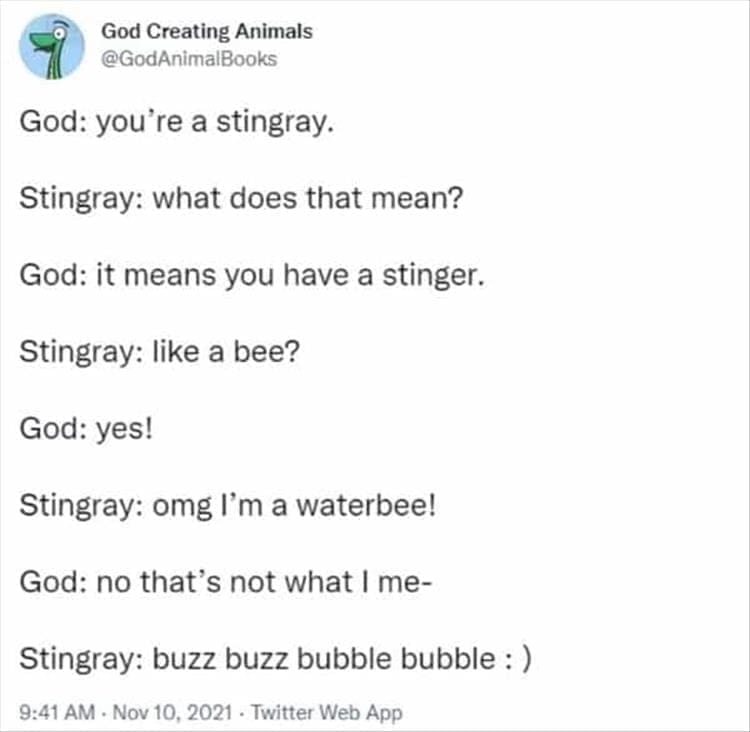 God Creating Animals God: you're a stingray. Stingray: what does that mean? God: it means you have a stinger. Stingray: like a bee? God: yes! Stingray: omg I'm a waterbee! God: no that's not what I me- Stingray: buzz buzz bubble bubble :)