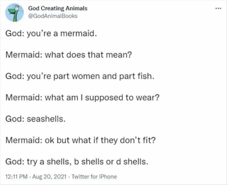 God Creating Animals God: you're a mermaid. Mermaid: what does that mean? God: you're part women and part fish. Mermaid: what am I supposed to wear? God: seashells. Mermaid: ok but what if they don't fit? God: try a shells, b shells or d shells.