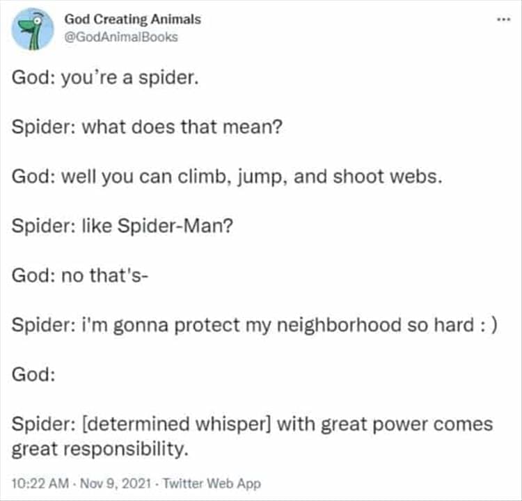 God Creating Animals God: you're a spider. Spider: what does that mean? God: well you can climb, jump, and shoot webs. Spider: like Spider-Man? God: no that's- Spider: i'm gonna protect my neighborhood so hard :) God: Spider: [determined whisper] with great power comes great responsibility.