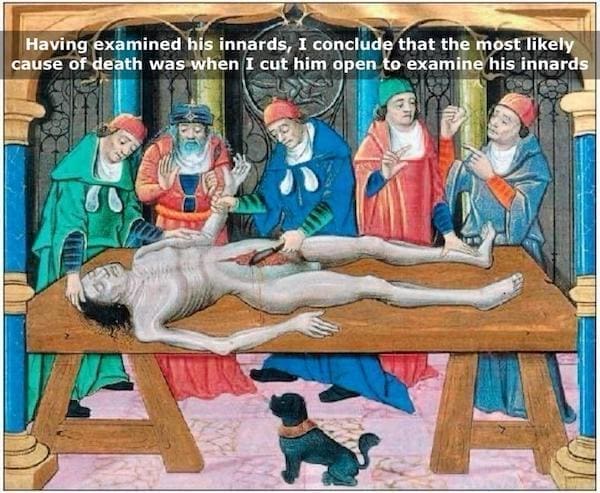 History Memes Having examined his innards, I conclude that the most likely cause of death was when I cut him open to examine his innards