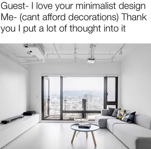 Home decor memes Guest- I love your minimalist design Me- (cant afford decorations) Thank you l put a lot of thought into it