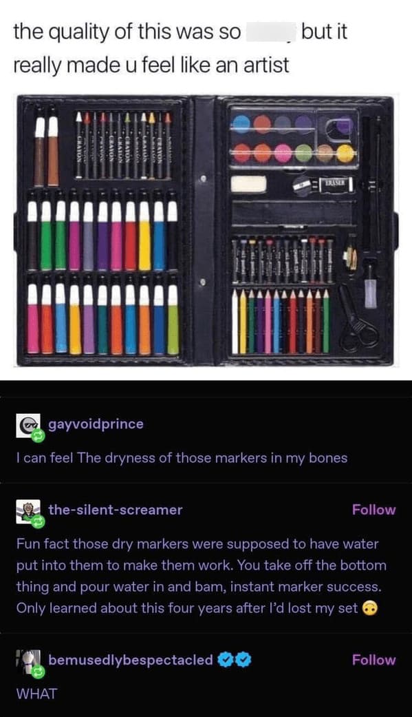 I was today years old Fun fact those dry markers were supposed to have water put into them to make them work. You take off the bottom thing and pour water in and bam, instant marker success. Only learned about this four years after I'd lost my set