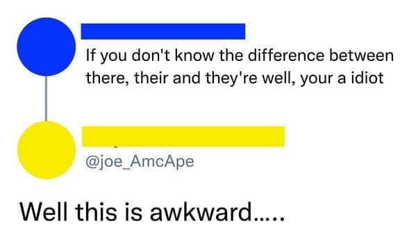 If you don't know the difference between there, their and they're well, your an idiot. Well this is awkward.....