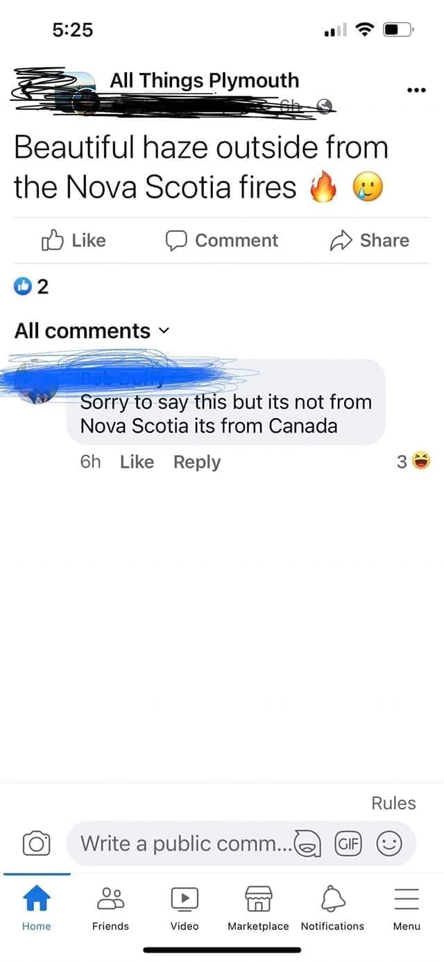 Incorrectly correcting Beautiful haze outside from the Nova Scotia fires. Sorry to say this but its not from Nova Scotia its from Canada