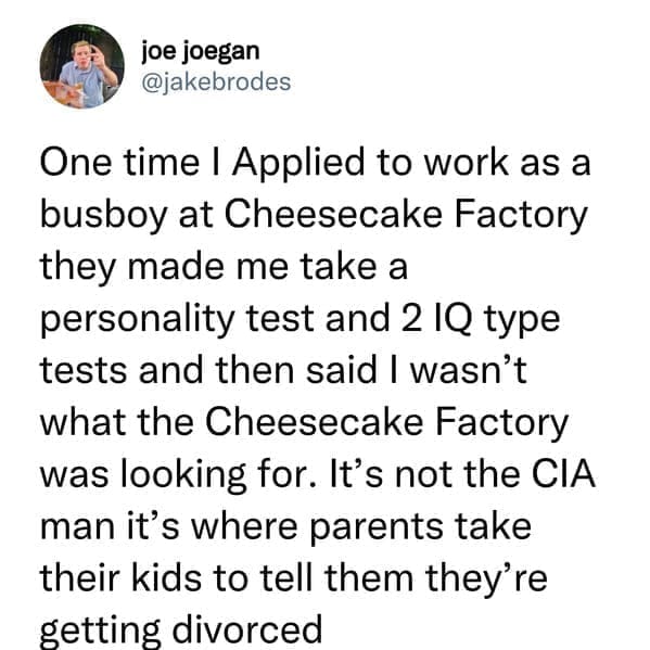 job search memes One time I Applied to work as a busboy at Cheesecake Factory they made me take a personality test and 2 1Q type tests and then said I wasn't what the Cheesecake Factory was looking for. It's not the CIA man it's where parents take their kids to tell them they're getting divorced