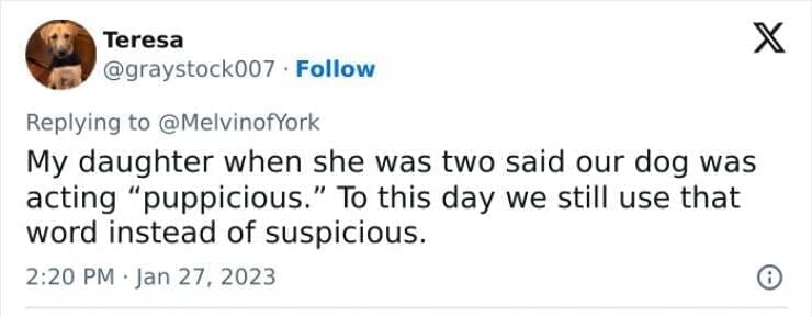 Kids naming things My daughter when she was two said our dog was acting "puppicious." To this day we still use that word instead of suspicious.