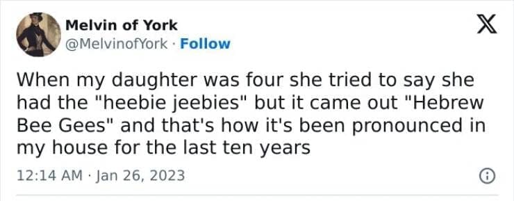 Kids naming things When my daughter was four she tried to say she had the "heebie jeebies" but it came out "Hebrew Bee Gees" and that's how it's been pronounced in my house for the last ten years