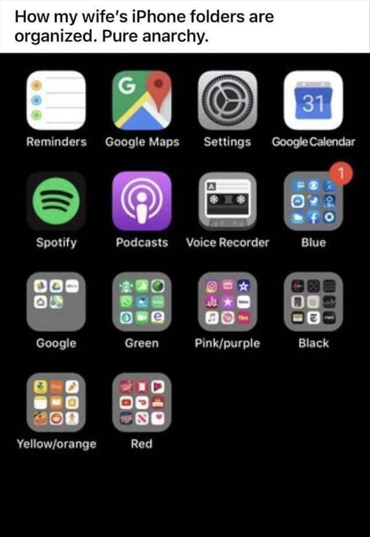 How my wife's iPhone folders are organized. Pure anarchy.