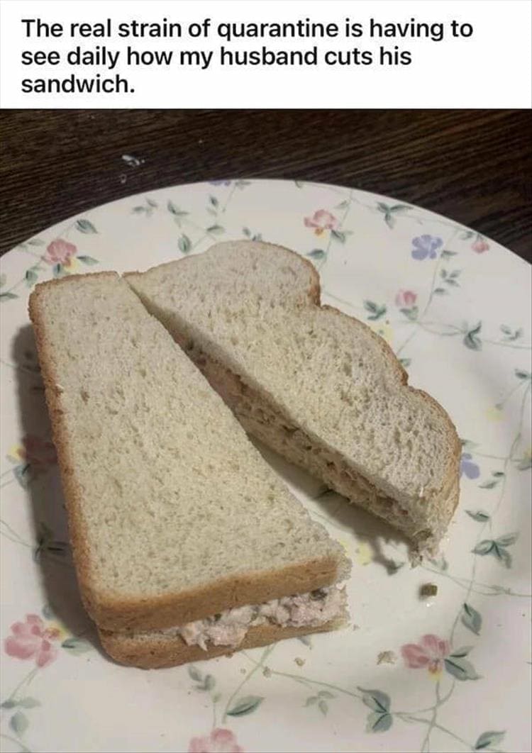 The real strain of quarantine is having to see daily how my husband cuts his sandwich.