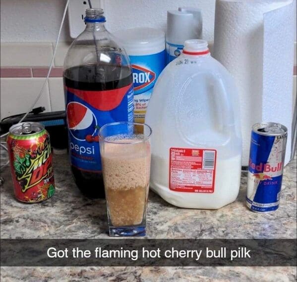 Messed up foods Got the flaming hot cherry bull pilk