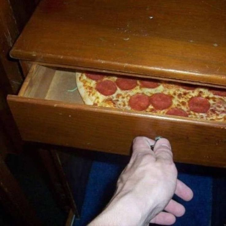 Messed up foods pizza in drawer