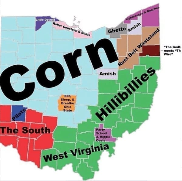 Midwest memes Map corn Rust Belt Wasteland "The Godf - meets *Th Wire" Eat, Sleep, & Breathe Ohio State Pilots Hillibillies The South Party School 8. Hippie