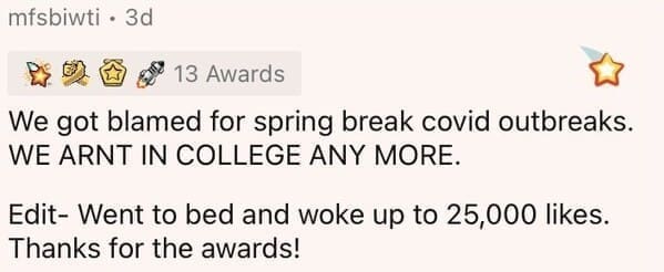 Millennial Stereotypes We got blamed for spring break covid outbreaks. WE ARNT IN COLLEGE ANY MORE.