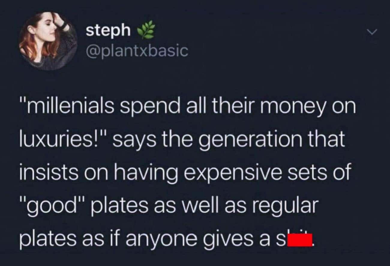Money memes "millenials spend all their money on luxuries!" says the generation that insists on having expensive sets of "good" plates as well as regular plates as if anyone gives a