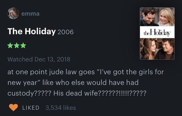 Movie Memes The Holiday 2006 thel oliday Watched Dec 13, 2018 at one point jude law goes "I've got the girls for new year" like who else would have had custody????? His dead wife??????!!!!!?????
