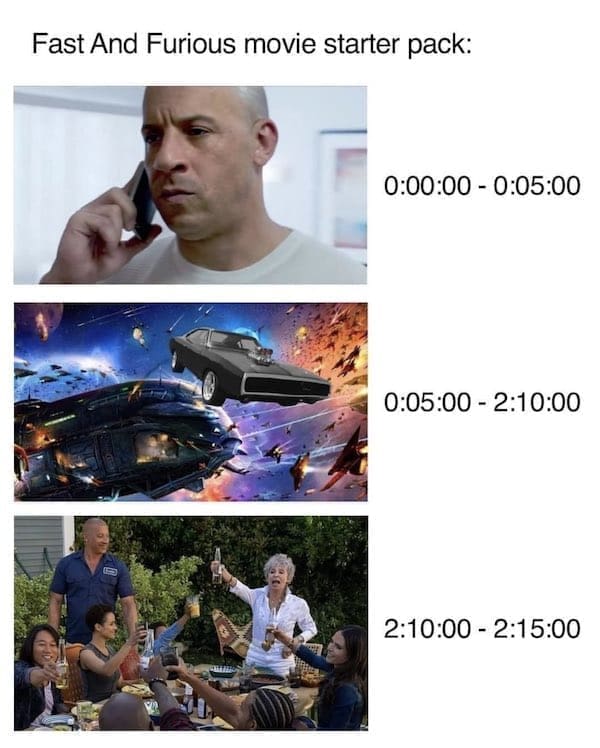 Movie Memes Fast And Furious movie starter pack: 0:00:00 - 0:05:00 0:05:00 - 2:10:00 2:10:00 - 2:15:00