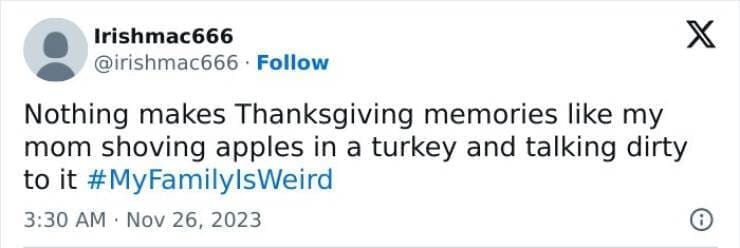 My Family Is Weird Nothing makes Thanksgiving memories like my mom shoving apples in a turkey and talking dirty to it