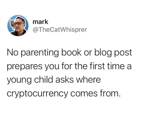 Nerdy dad jokes No parenting book or blog post prepares you for the first time a young child asks where cryptocurrency comes from.