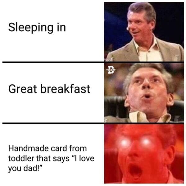 Nerdy dad jokes Sleeping in Great breakfast Handmade card from toddler that says "I love you dad!"