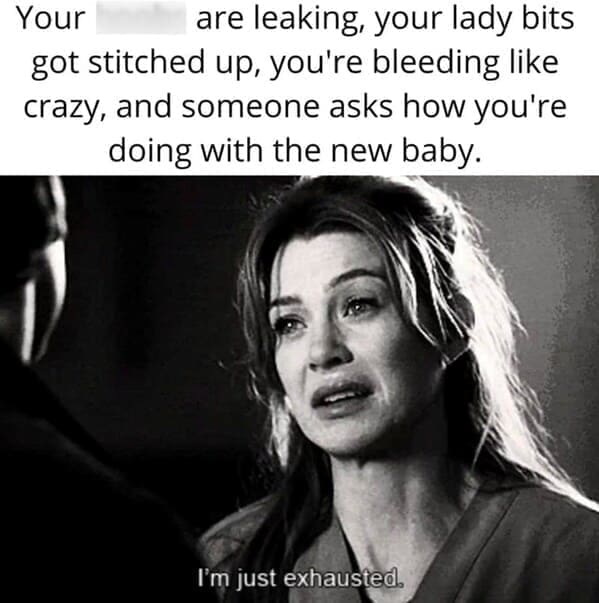 New parent memes Your are leaking, your lady bits got stitched up, you're bleeding like crazy, and someone asks how you're doing with the new baby. I'm just exhausted,