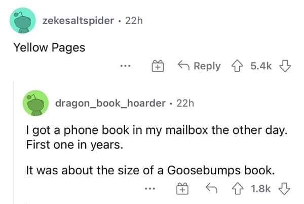Yellow Pages. I got a phone book in my mailbox the other day. First one in years. It was about the size of a Goosebumps book.