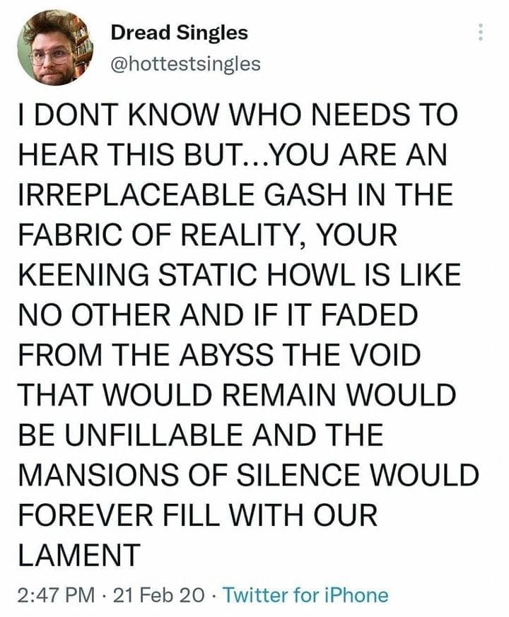 Ominous Positivity Memes I DONT KNOW WHO NEEDS TO HEAR THIS BUT...YOU ARE AN IRREPLACEABLE GASH IN THE FABRIC OF REALITY, YOUR KEENING STATIC HOWL IS LIKE NO OTHER AND IF IT FADED FROM THE ABYSS THE VOID THAT WOULD REMAIN WOULD BE UNFILLABLE AND THE MANSIONS OF SILENCE WOULD FOREVER FILL WITH OUR LAMENT