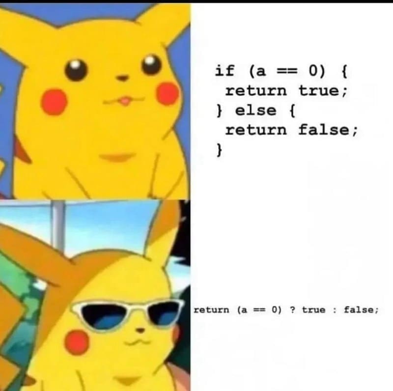 programming memes if (a = 0) { return true; } else { return false; } return (a == 0) ? true : false;