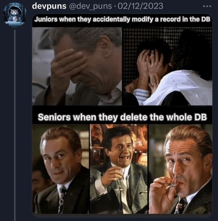 programming memes Juniors when they accidentally modify a record in the DB Seniors when they delete the whole DB